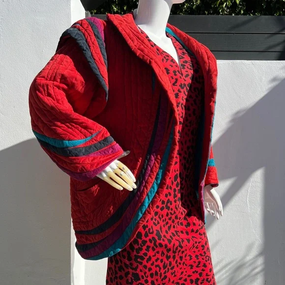 80s Bob Mackie Red Quilt Suede Jacket - Picture 13 of 14